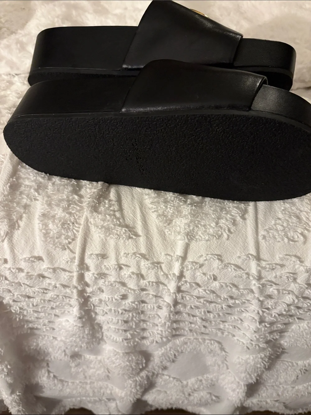 Tory Burch Black Leather Slide Sandals with Gold Medallions - Picture 3 of 4